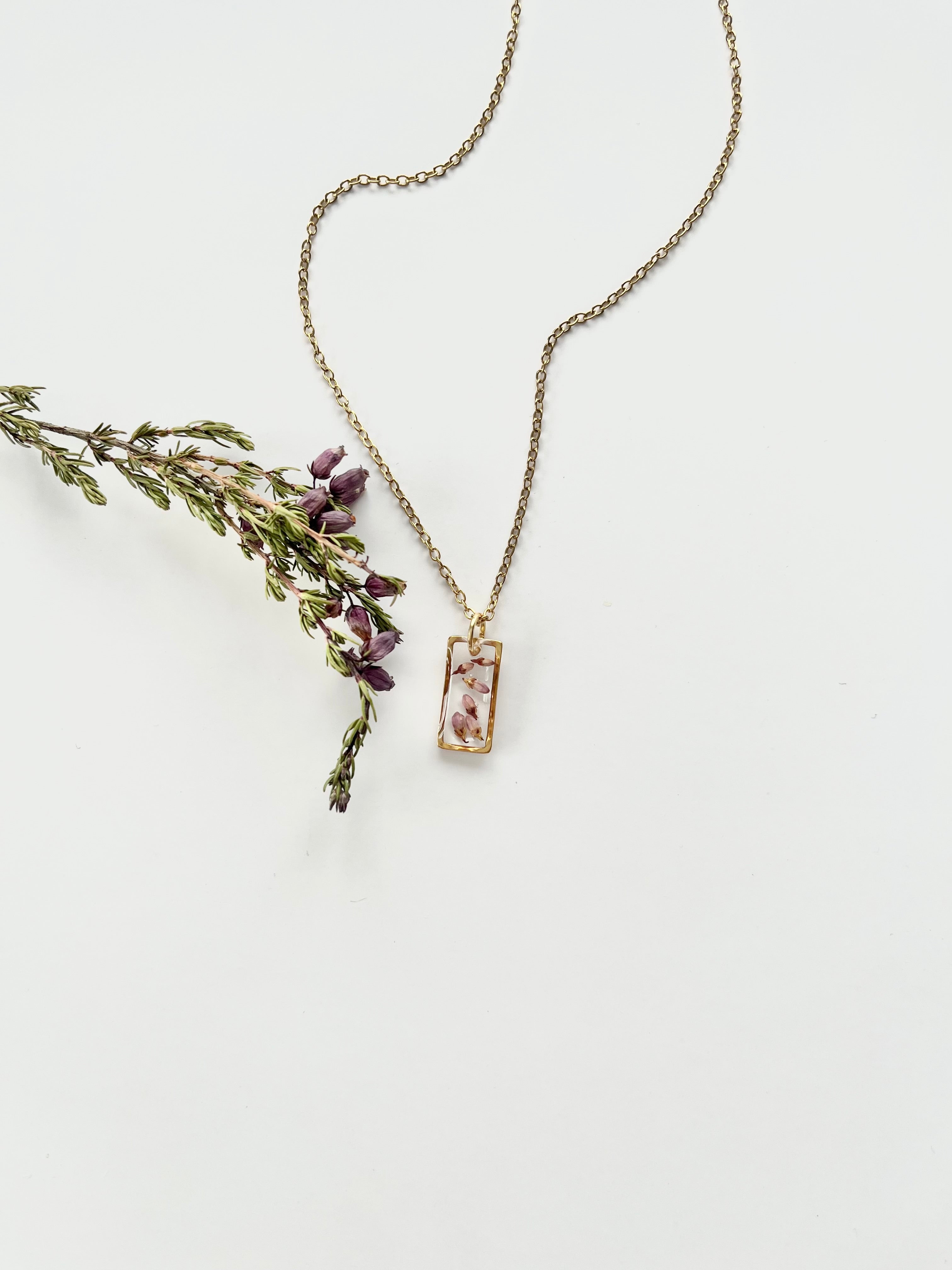 Gold Rectangular Scottish Heather Necklace (Small)