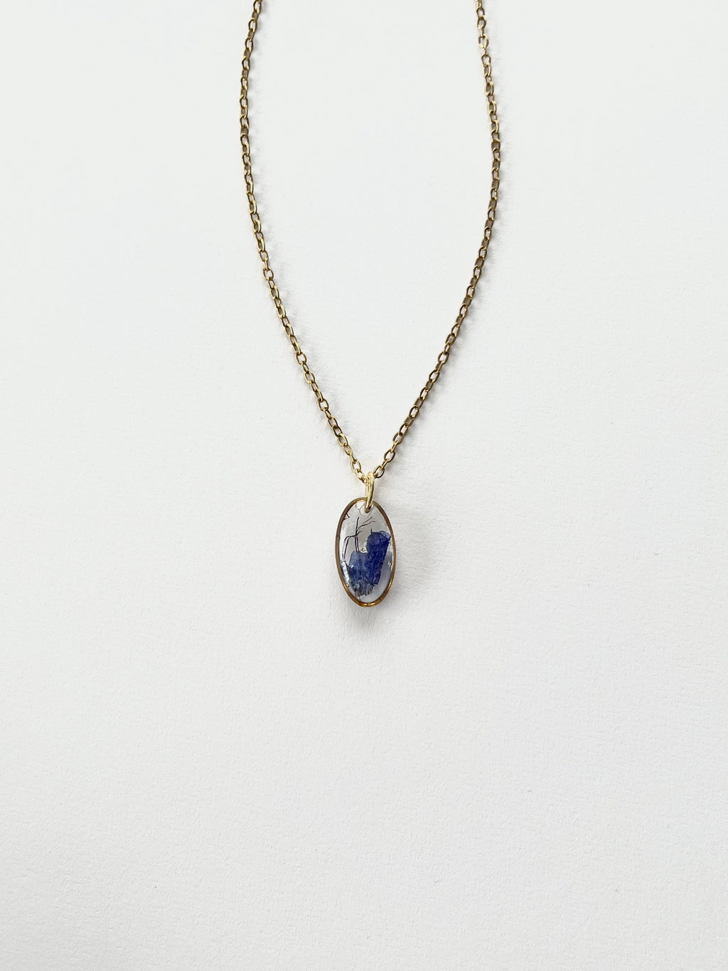 Gold Oval Blue Flower Necklace (Small)