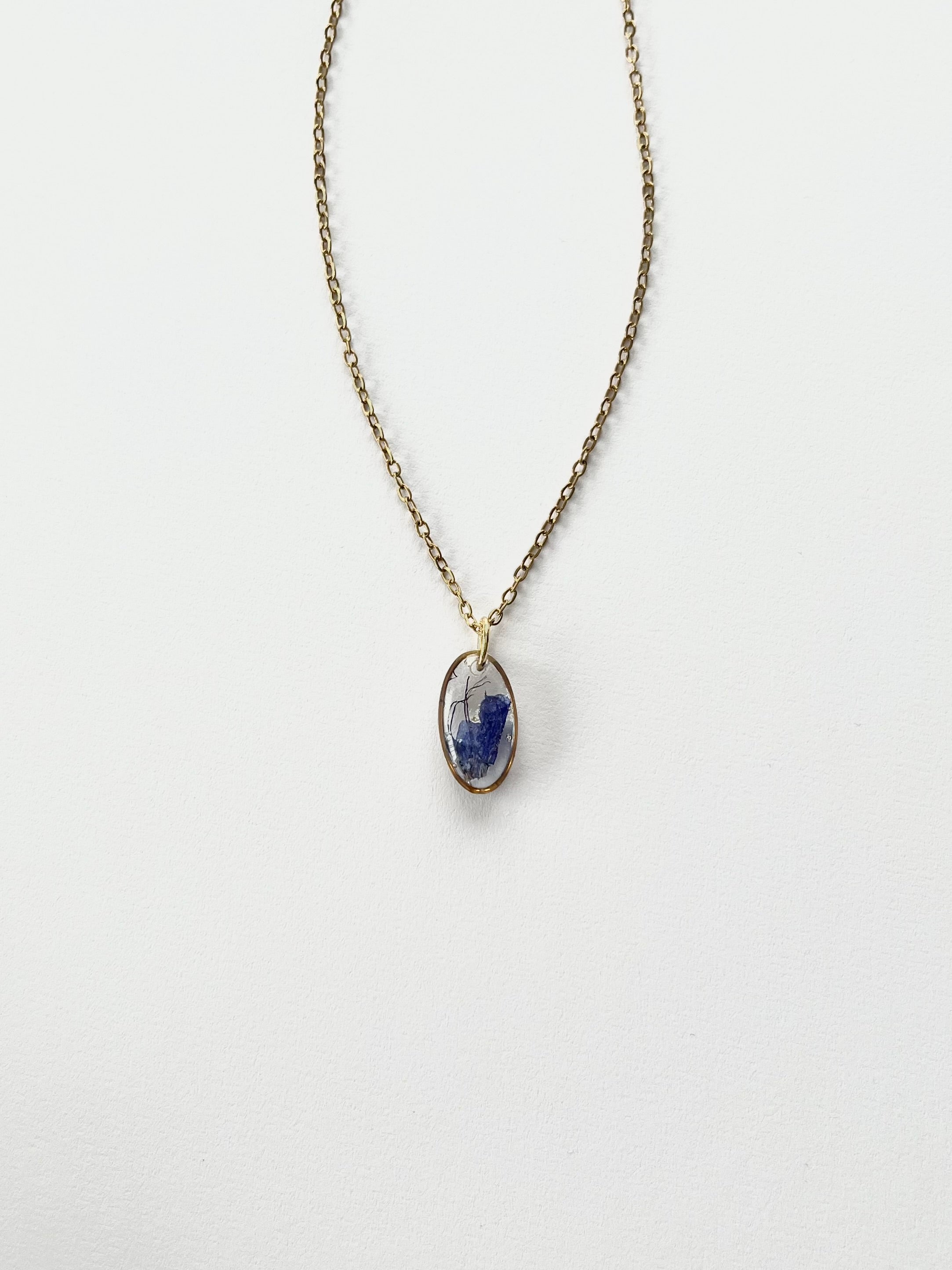 Gold Oval Blue Flower Necklace (Small)