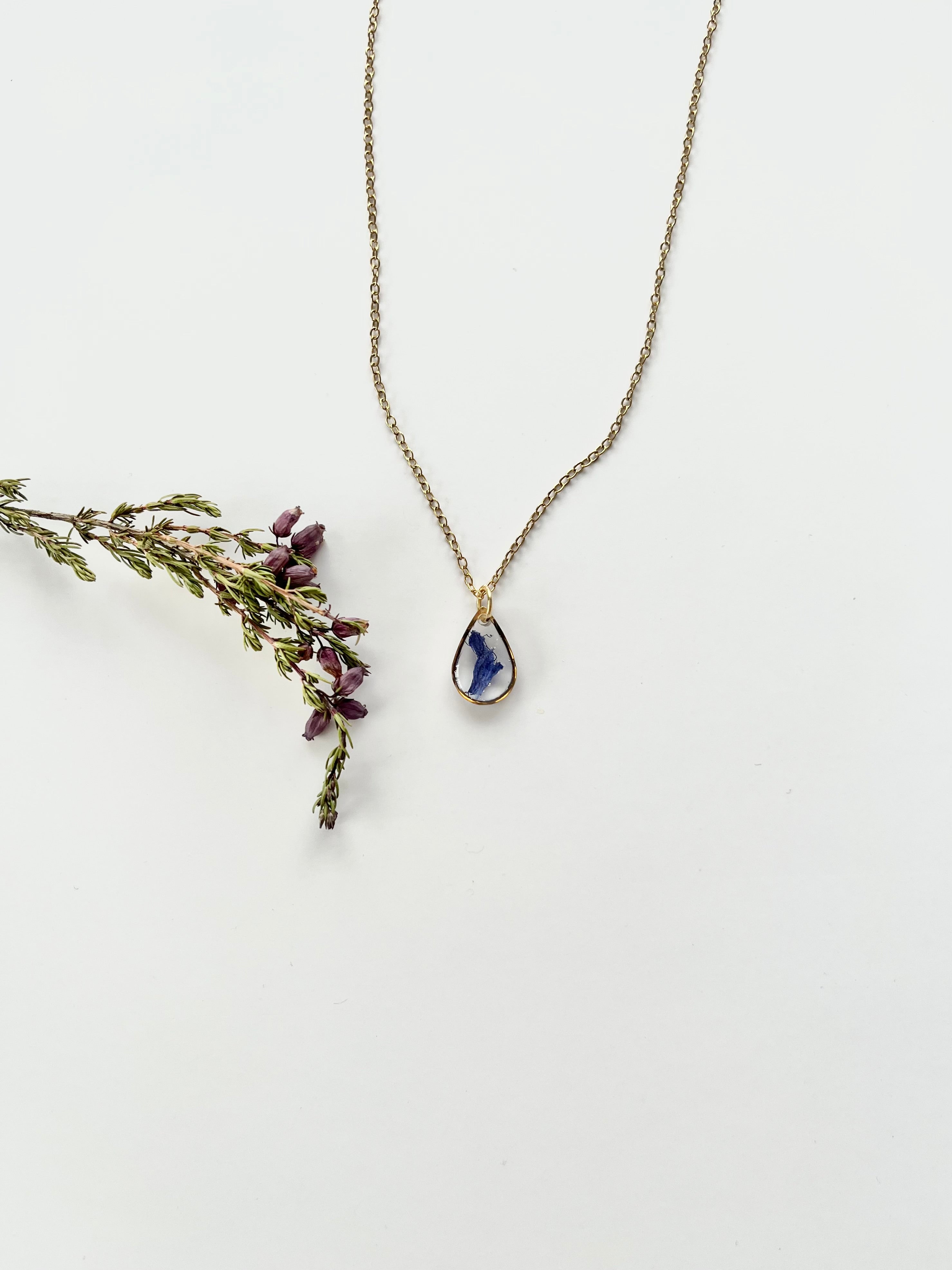 Gold Drop Blue Flower Necklace (Small)