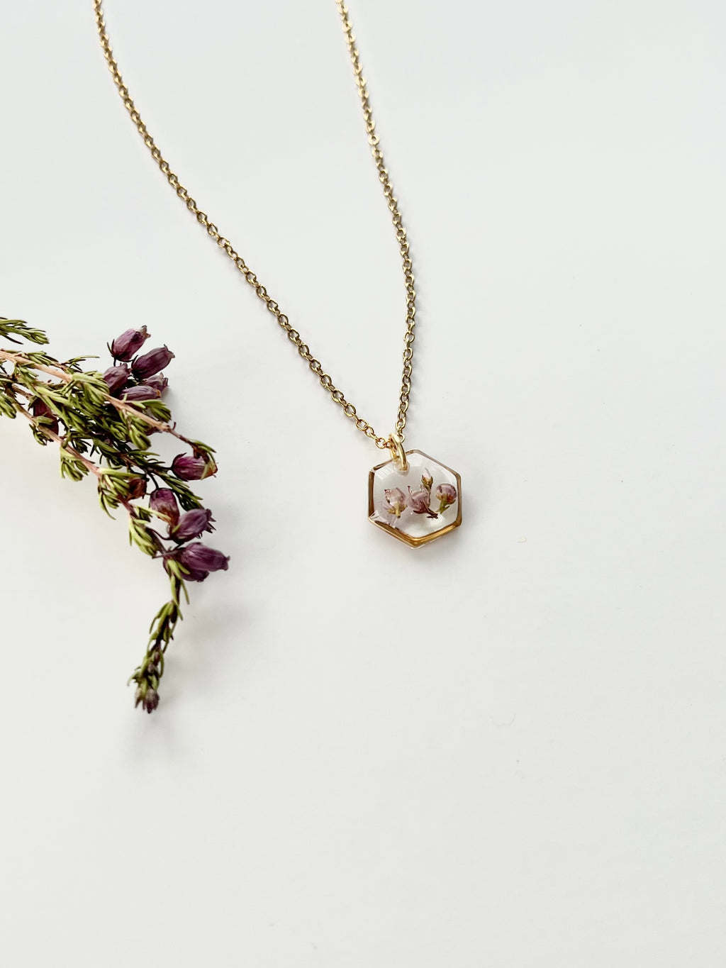 Gold Hexagon Scottish Heather Necklace (Small)