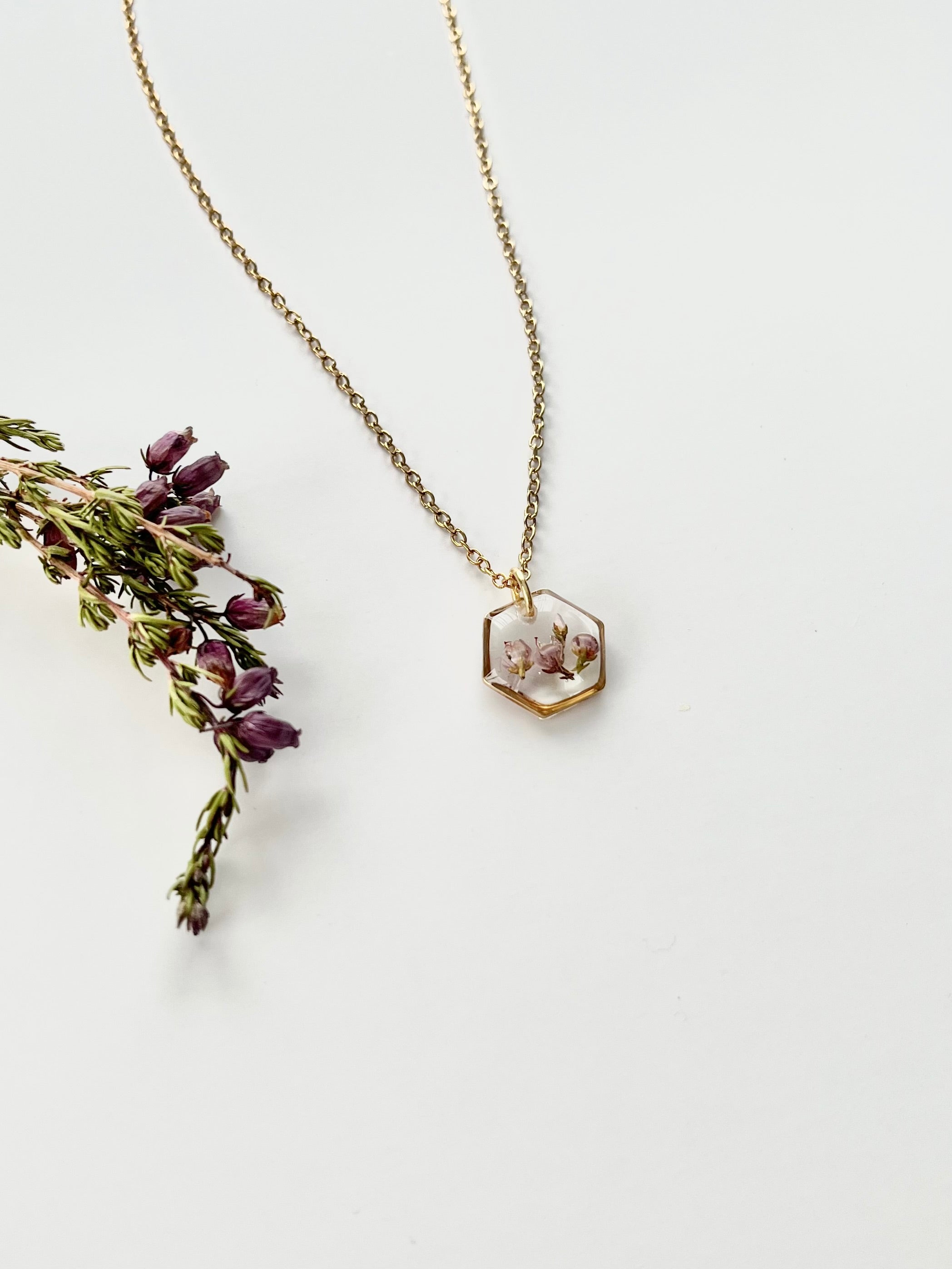 Gold Hexagon Scottish Heather Necklace (Small)