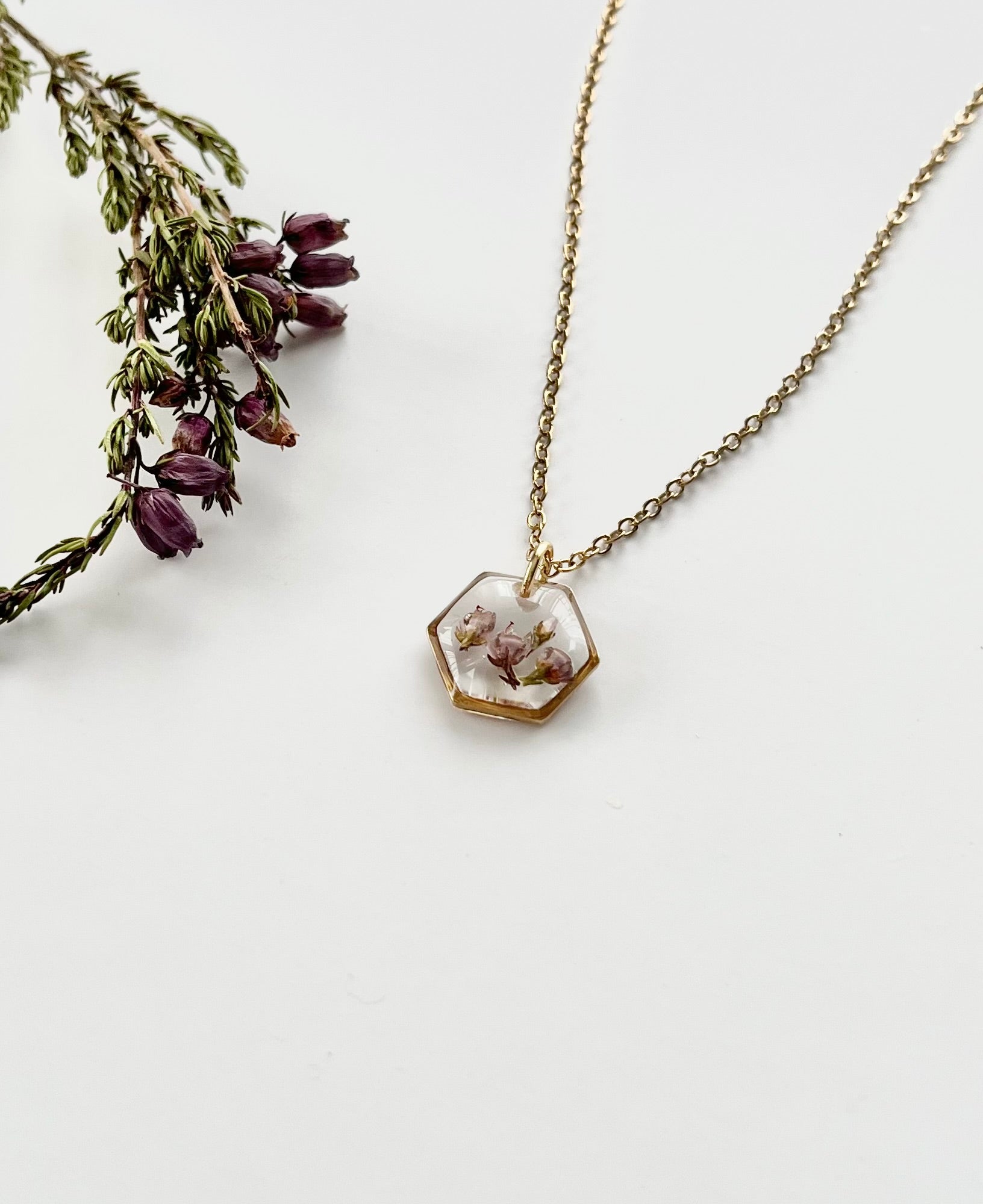 Gold Hexagon Scottish Heather Necklace (Small)