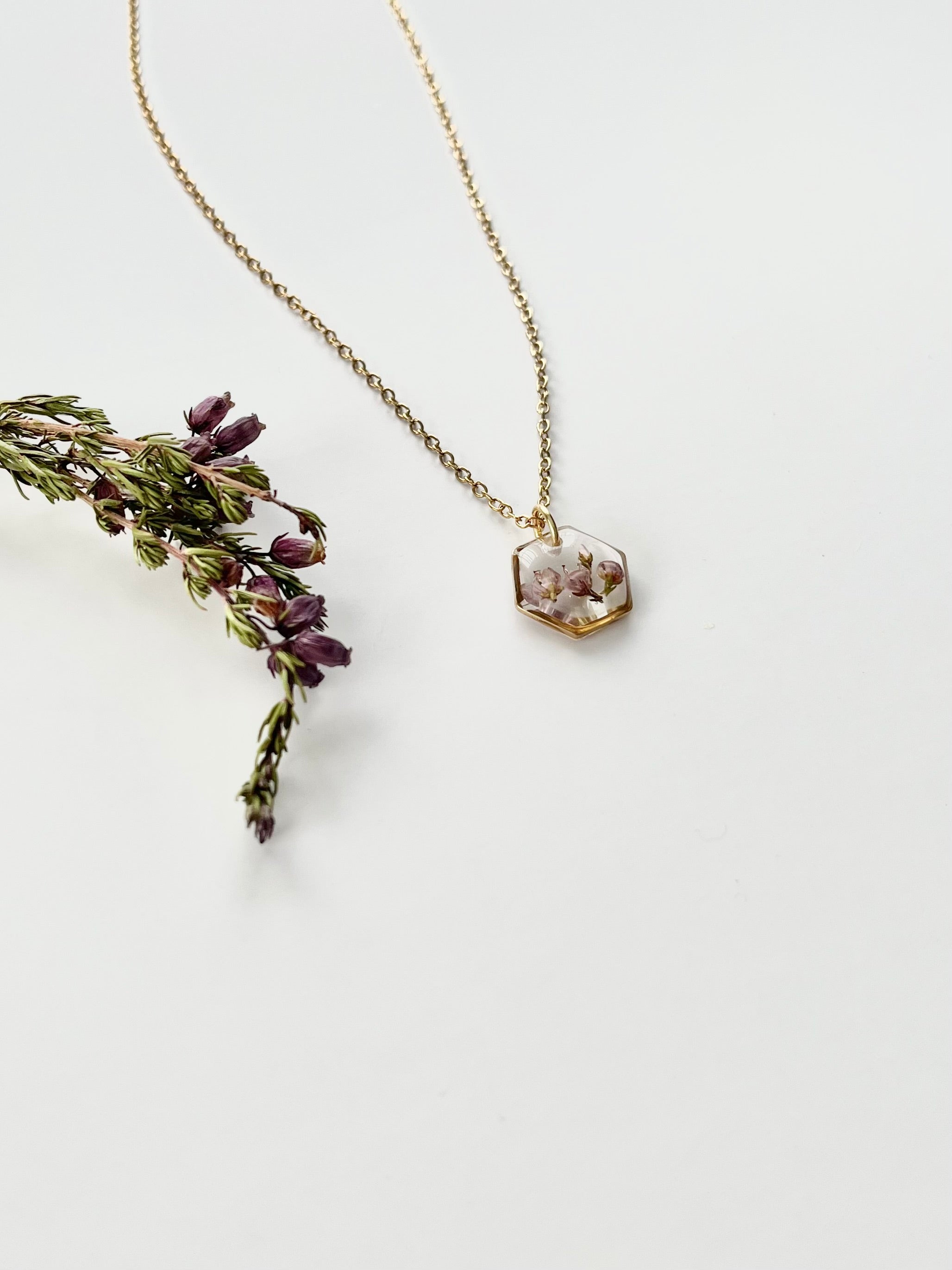 Gold Hexagon Scottish Heather Necklace (Small)