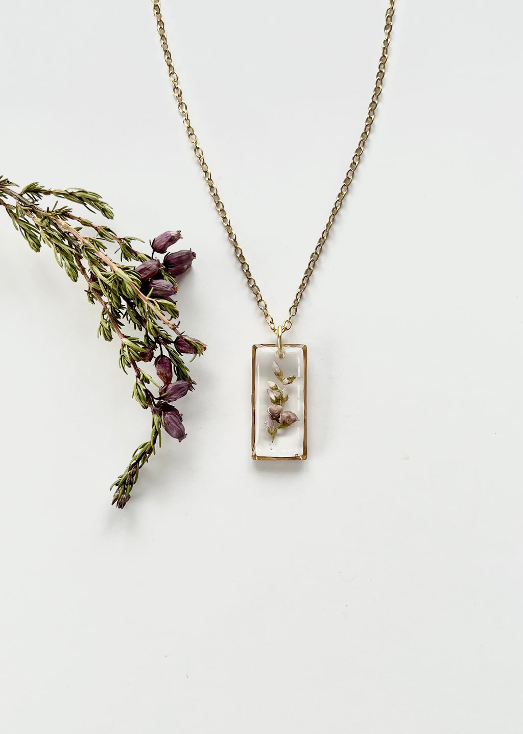 Gold Rectangular Scottish Heather Necklace (Medium)