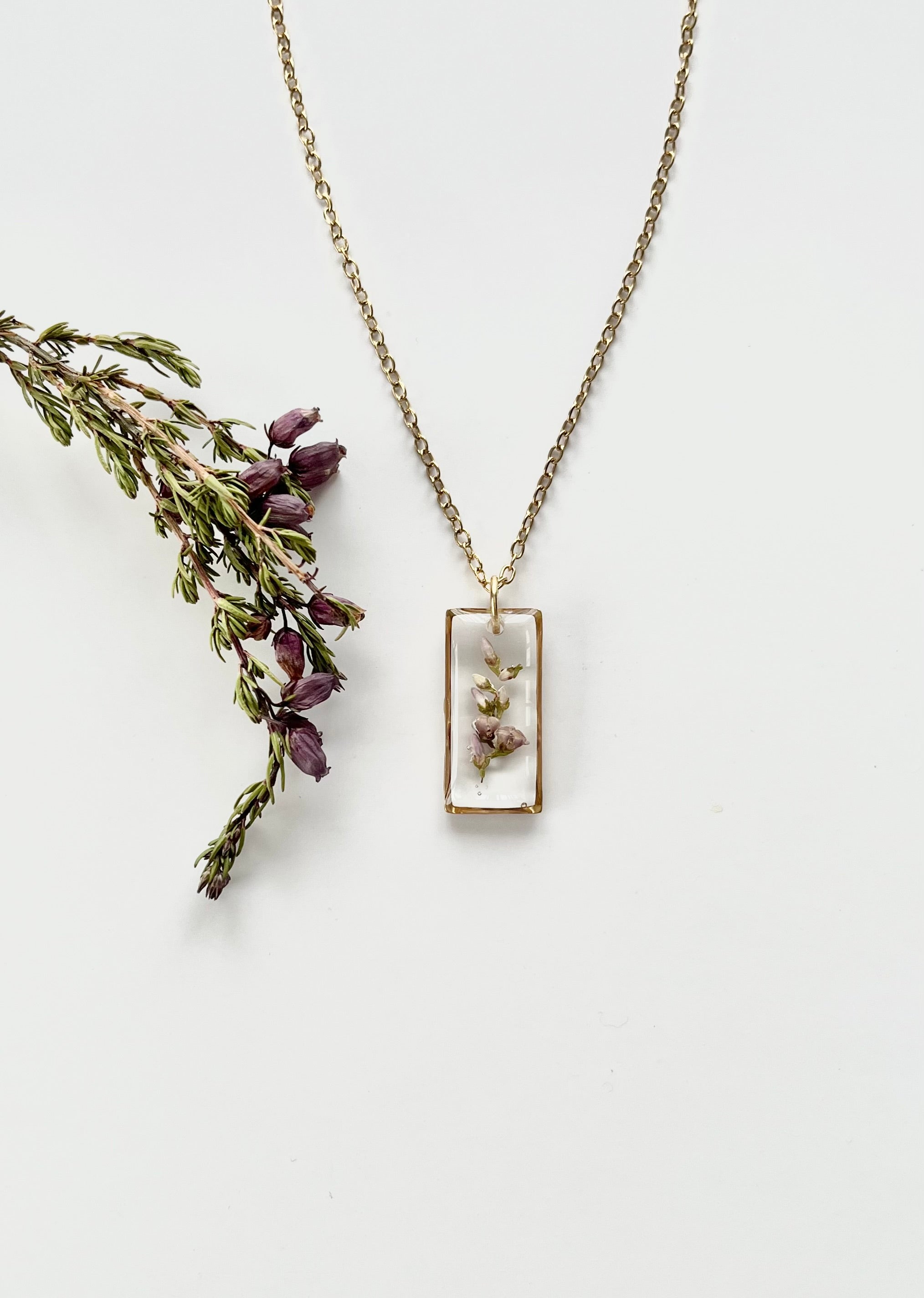 Gold Rectangular Scottish Heather Necklace (Medium)