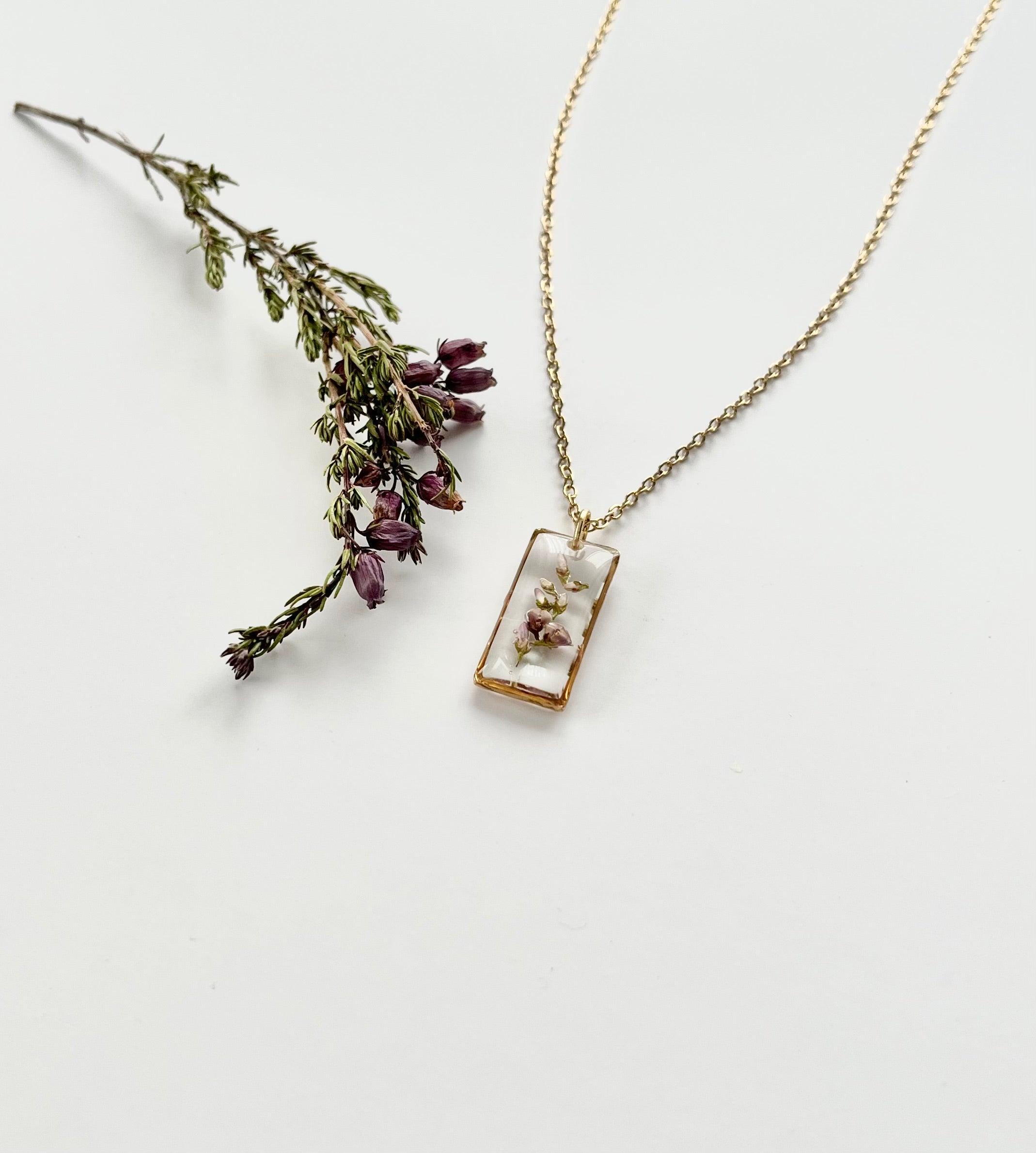 Gold Rectangular Scottish Heather Necklace (Medium)